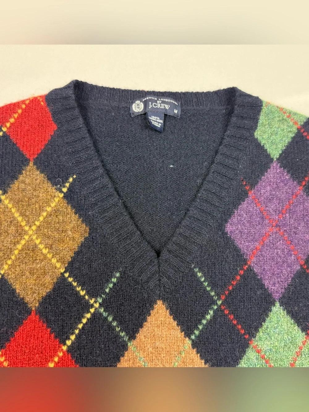 J. Crew Mens Argyle Sweater Vest Sz Medium Lambswool Navy/Multicolor A8